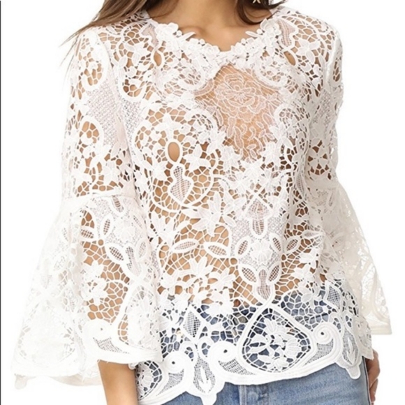 KOBI HALPERIN White Embroidered Guipure Lace Blouse Lantern Sleeve EUC M - Picture 3 of 16